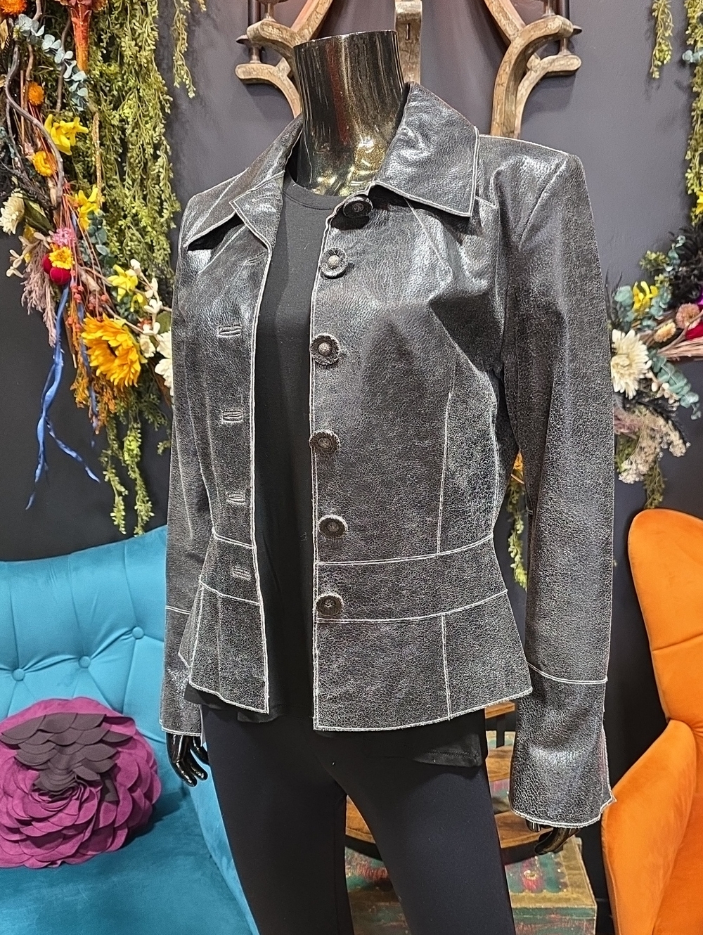 Newport News Black Distressed Leather Button-Front Jacket